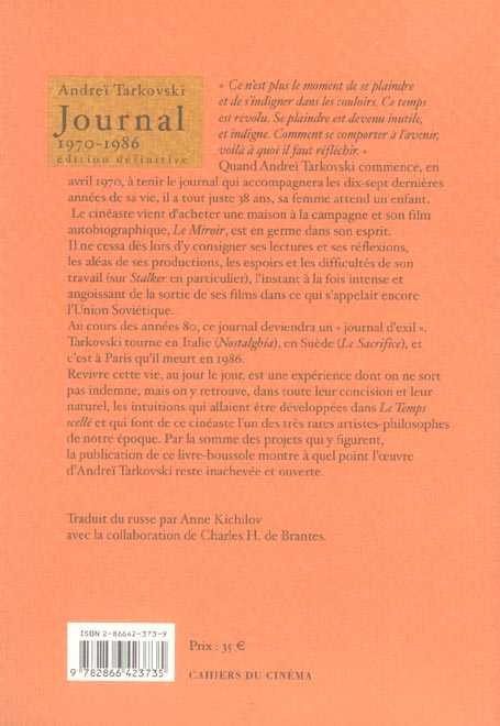 Quatrième de couverture de « JOURNAL ANDREI TARKOVSKI »