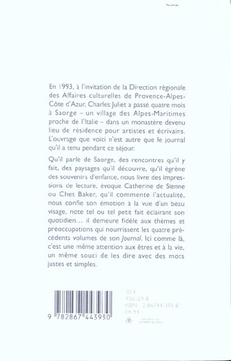 Quatrième de couverture de « CARNETS DE SAORGE »