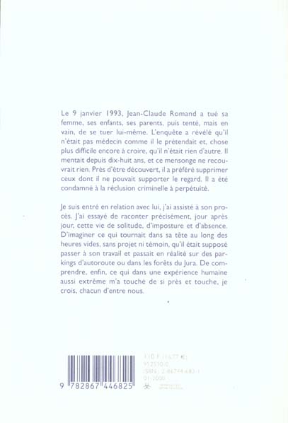 Quatrième de couverture de « L'ADVERSAIRE »
