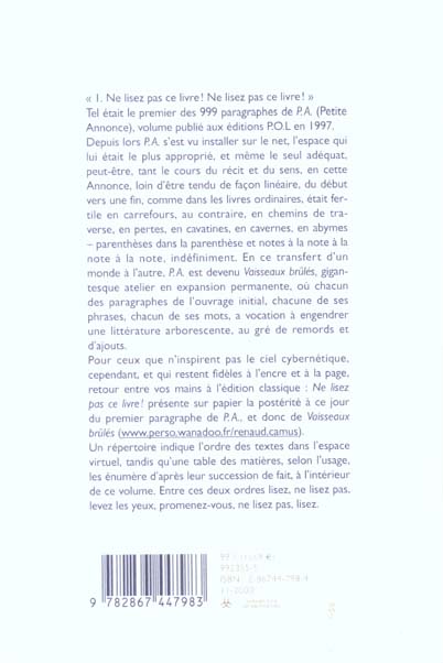 Quatrième de couverture de « VAISSEAUX BRULES - I - NE LISEZ PAS CE LIVRE ! »