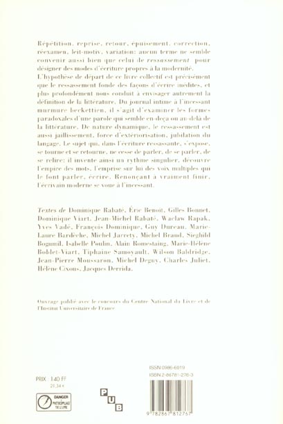 Quatrième de couverture de « ECRITURES DU RESSASSEMENT »