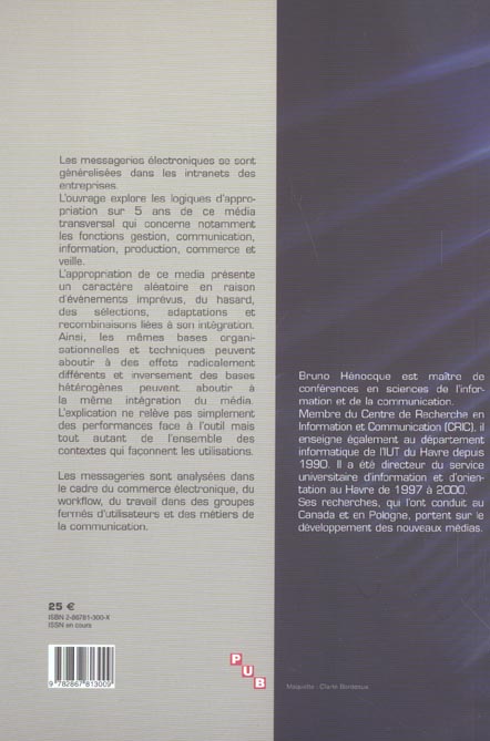 Quatrième de couverture de « APPROPRIATION DES MESSAGERIES ELECTRONIQUES DANS LES ENTREPRISES EN RESEAU »