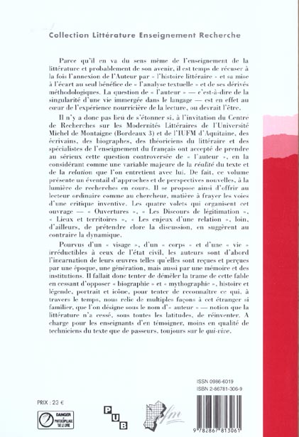 Quatrième de couverture de « L'AUTEUR ENTRE BIOGRAPHIE ET MYTHOGRAPHIE »