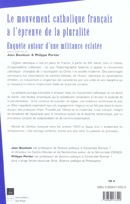 Quatrième de couverture de « MOUVEMENT CATHOLIQUE FRANCAIS A L EPREUVE DE LA PLURALITE »