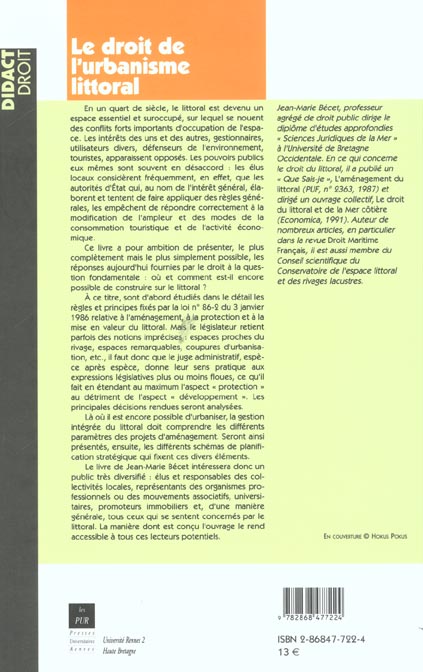 Quatrième de couverture de « LE DROIT DE L'URBANISME LITTORAL »