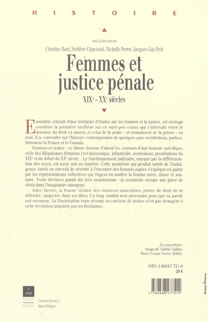 Quatrième de couverture de « FEMMES ET JUSTICE PENALE - XIXE-XXE SIECLE »