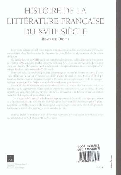 Quatrième de couverture de « HISTOIRE DE LA LITTERATURE FRANCAISE DU 18E SIECLE »