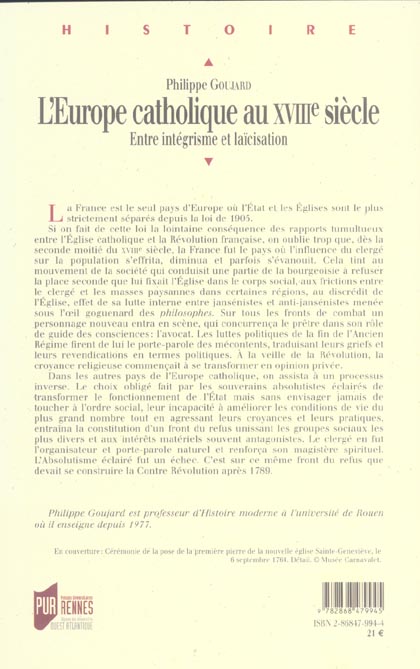 Quatrième de couverture de « L'EUROPE CATHOLIQUE AU XVIIIE SIECLE - ENTRE INTEGRISME ET LAICISATION »