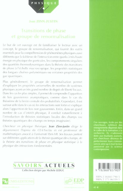 Quatrième de couverture de « TRANSITIONS DE PHASE ET GROUPE DE RENORMALISATION »