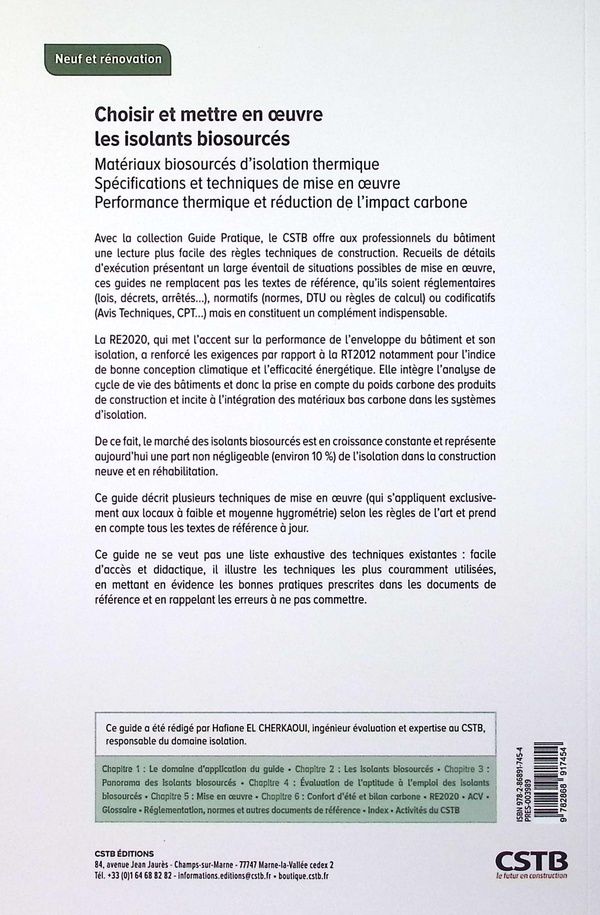 Quatrième de couverture de « Choisir et mettre en oeuvre les isolants biosourcés : matériaux biosourcés d'isolation thermique, spécifications et technique de mise en oeuvre, performance thermique et réduction de l'impact carbone »