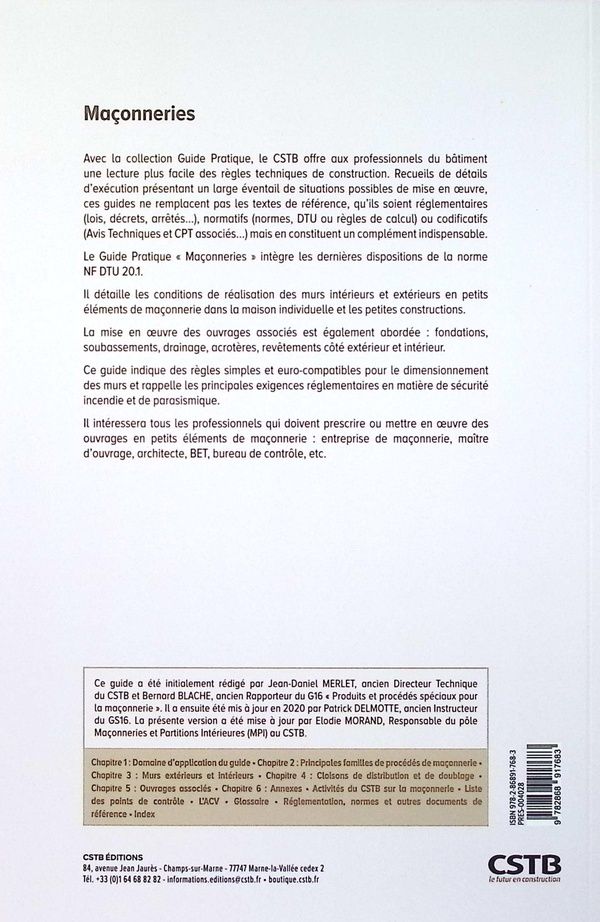 Quatrième de couverture de « Maçonneries : en application des NF DTU 20.1, 20.13, NF EN 1996 (Eurocode 6), NF EN 1998 (Eurocode 8) et recommandations RAGE »