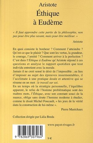 Quatrième de couverture de « ETHIQUE A EUDEME »