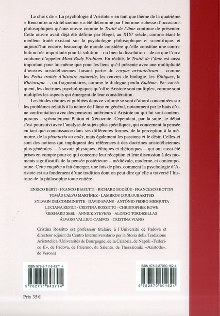 Quatrième de couverture de « LA PSYCHOLOGIE D ARISTOTE »