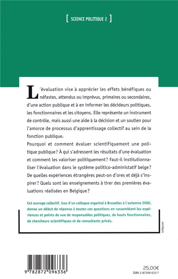 Quatrième de couverture de « EVALUER LES POLITIQUES PUBLIQUES - REGARDS CROISES SUR LA BELGIQUE »