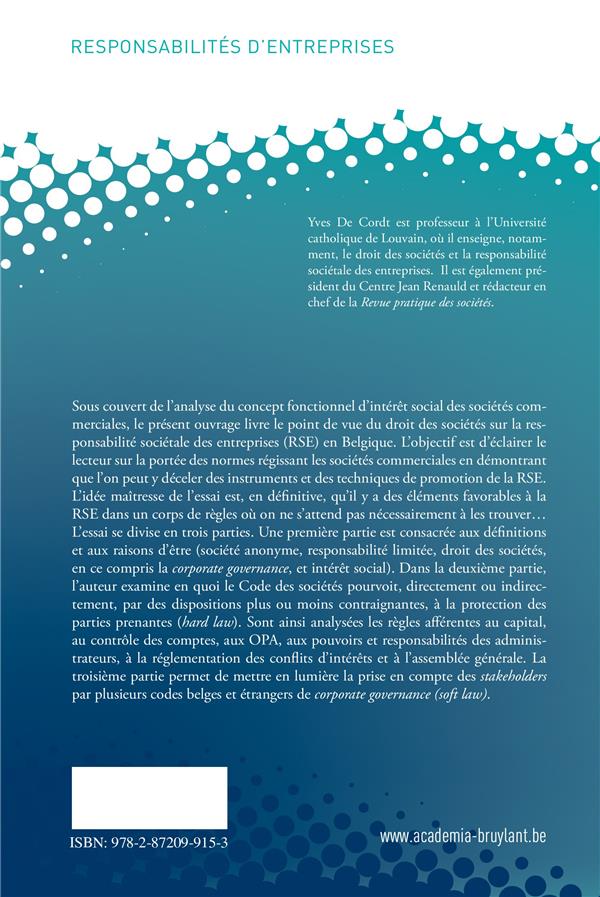 Quatrième de couverture de « L'INTERET SOCIAL COMME VECTEUR DE LA RESPONSABILITE SOCIETALE »