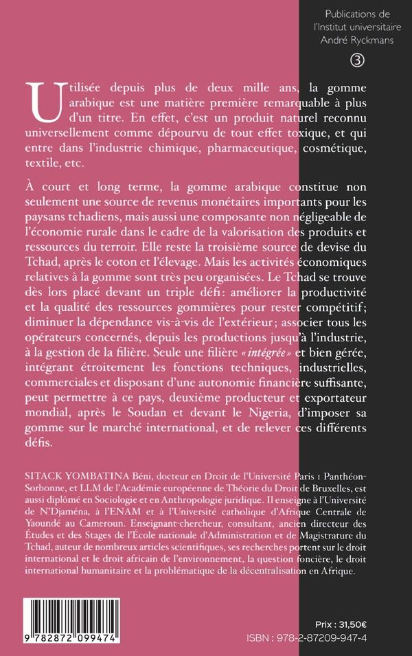 Quatrième de couverture de « DROIT ET FILIERE INTEGREE DE LA GOMME ARABIQUE AU TCHAD »