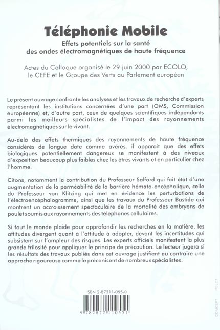 Quatrième de couverture de « TELEPHONIE MOBILE. EFFETS ONDES ELECTRO. »