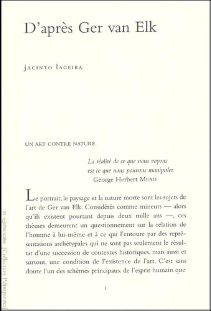 Couverture du livre « D'APRES GER VAN ELK » de Jacinto Lageira, librairie Les Contes Infusés à Corte