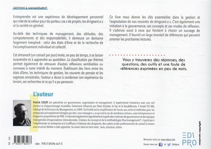 Quatrième de couverture de « UNE IDEE PAR JOUR POUR UN MANAGEMENT EFFICACE ET CONSCIENT »