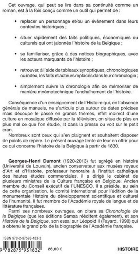 Quatrième de couverture de « CHRONOLOGIE DE LA BELGIQUE - 1830-2005 »