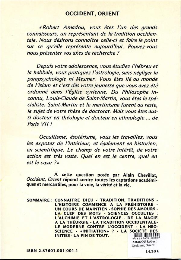 Quatrième de couverture de « OCCIDENT, ORIENT. PARCOURS D'UNE TRADITION »