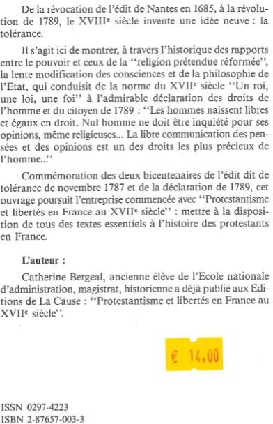 Quatrième de couverture de « PROTESTANTISME ET TOLERANCE - EN FRANCE AU XVIIIE SIECLE, DE LA REVOCATION A LA REVOLUTION 1685-1789 »