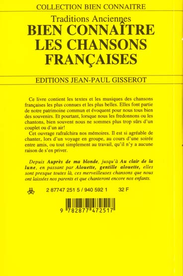 Quatrième de couverture de « BIEN CONNAITRE LES CHANSONS FRANCAISES : TRADITIONS ANCIENNES »