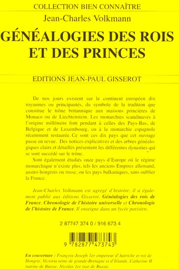 Quatrième de couverture de « GENEALOGIES DES ROIS ET DES PRINCES »