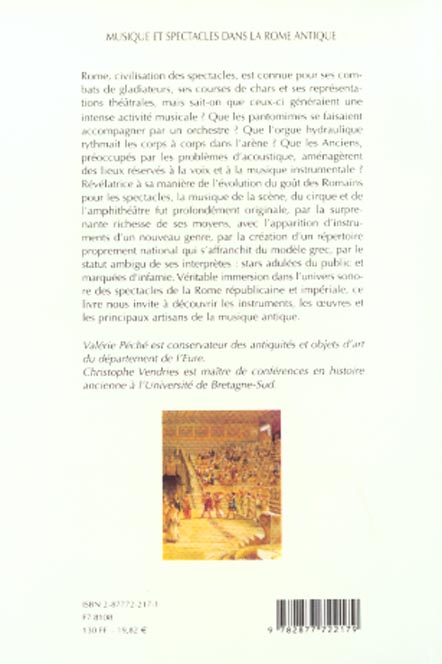 Quatrième de couverture de « MUSIQUE ET SPECTACLES DANS LA ROME ANTIQUE - ET DANS L'OCCIDENT ROMAIN »