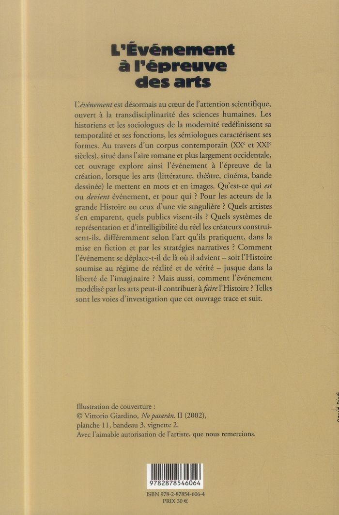 Quatrième de couverture de « EVENEMENTS A L'EPREUVE DES ARTS »