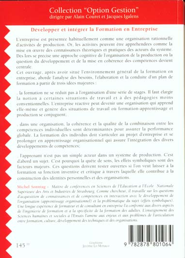Quatrième de couverture de « DEVEL ET INTEGR FORM ENTR »