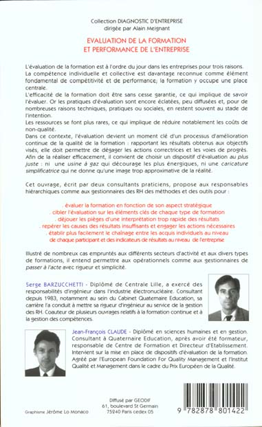 Quatrième de couverture de « EVAL FORM ET PERF ENTREPR - DIAGNOSTIC D'ENTREPRISE »