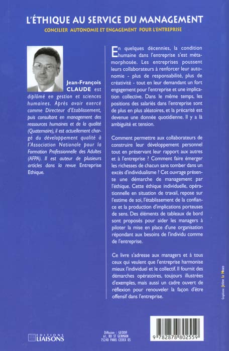 Quatrième de couverture de « ETHIQ AU SERVICE MANAGEM »