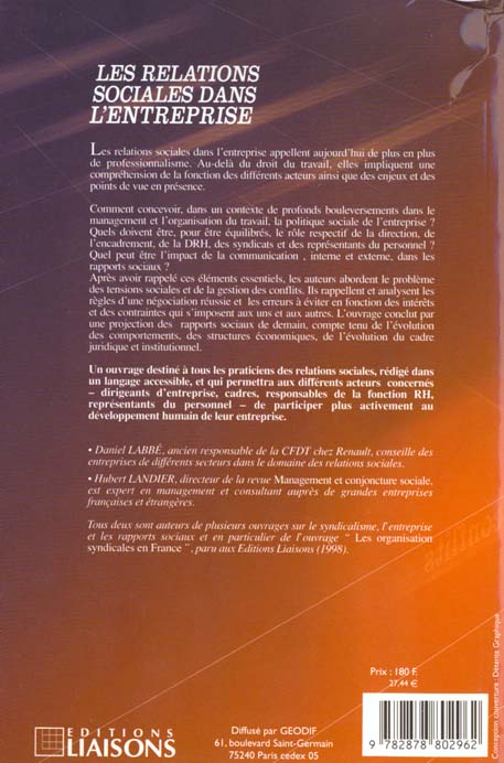 Quatrième de couverture de « RELATION SOCIALE DANS ENT »