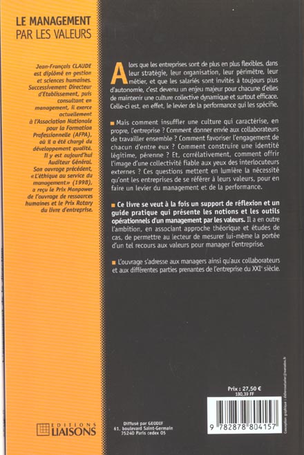 Quatrième de couverture de « LE MANAGEMENT PAR LES VALEURS »