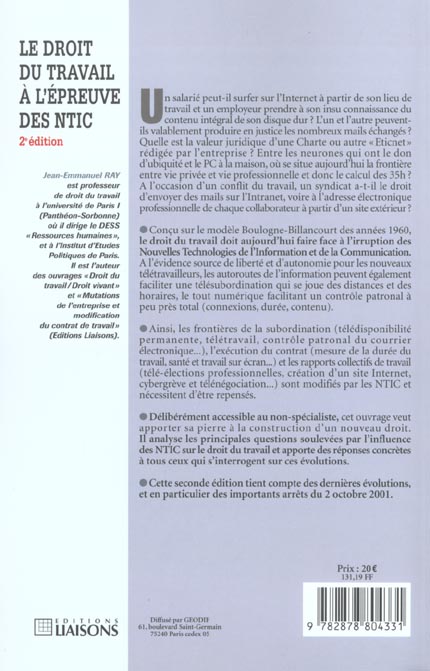 Quatrième de couverture de « LE DROIT DU TRAVAIL A L'EPREUVE DES NTIC »