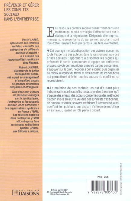 Quatrième de couverture de « PREVENIR ET GERER LES CONFLITS SOCIAUX DANS L'ENTREPRISE »