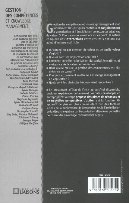 Quatrième de couverture de « GESTION DES COMPETENCES ET KNOWLEDGE MANAGEMENT »