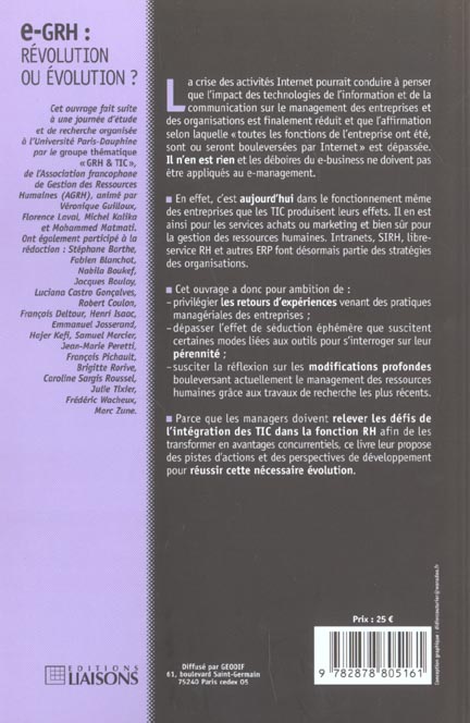 Quatrième de couverture de « E-GRH : REVOLUTION OU EVOLUTION ? RELEVER DEFI INTEGRATION DES TIC DANS FONC RES »