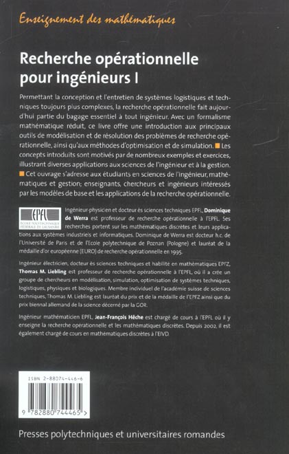 Quatrième de couverture de « RECHERCHE OPERATIONNELLE POUR INGENIEURS 1 »