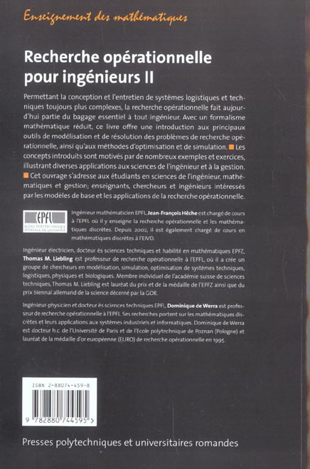 Quatrième de couverture de « RECHERCHE OPERATIONNELLE POUR INGENIEURS 2 »