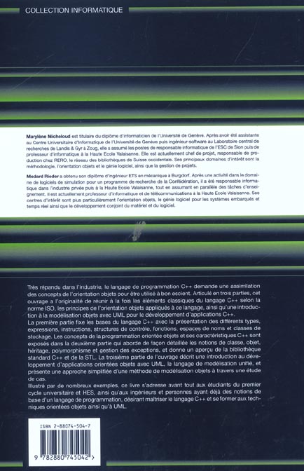 Quatrième de couverture de « PROGRAMMATION ORIENTEE OBJETS EN C++ - UNE APPROCHE EVOLUTIVE »