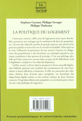Quatrième de couverture de « LA POLITIQUE DU LOGEMENT »