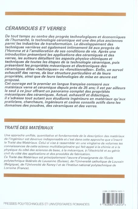 Quatrième de couverture de « CERAMIQUES ET VERRES - TRAITE DES MATERIAUX - VOLUME 16 »