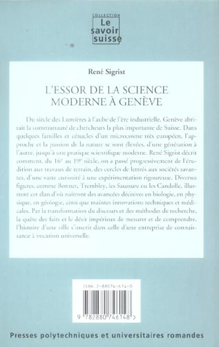 Quatrième de couverture de « L'ESSOR DE LA SCIENCE MODERNE A GENEVE - SCIENCES ET TECHNOLOGIES »