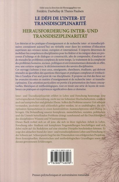 Quatrième de couverture de « LE DEFI DE L'INTER- ET TRANSDISCIPLINARITE - CONCEPTS, METHODES ET PRATIQUES INNOVANTES DANS L'ENSEI »