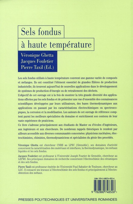 Quatrième de couverture de « SELS FONDUS A HAUTE TEMPERATURE »