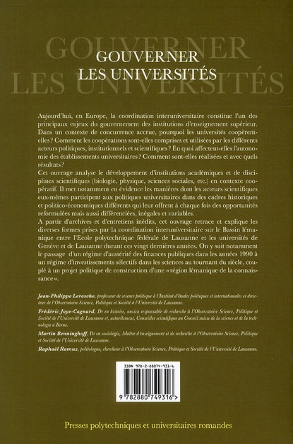 Quatrième de couverture de « GOUVERNER LES UNIVERSITES - L'EXEMPLE DE LA COORDINATION GENEVE-LAUSANNE (1990-2010). »