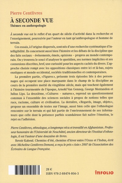 Quatrième de couverture de « A SECONDE VUE. THEMES EN ANTHROPOLOGIE »