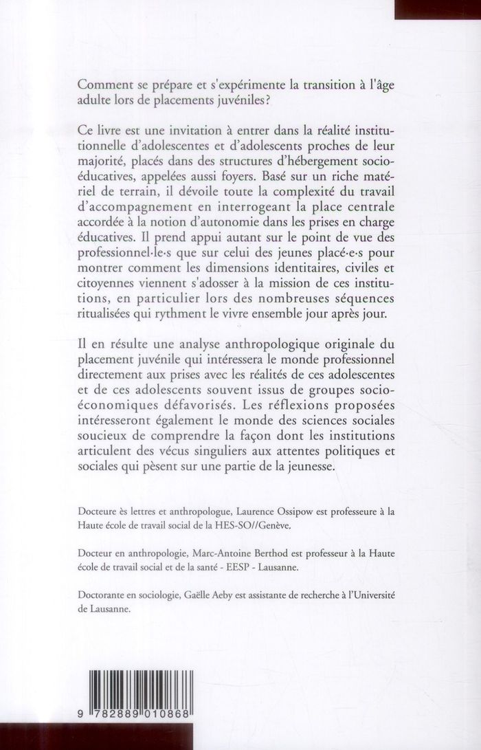 Quatrième de couverture de « LES MIROIRS DE L'ADOLESCENCE. ANTHROPOLOGIE DU PLACEMENT JUVENILE »
